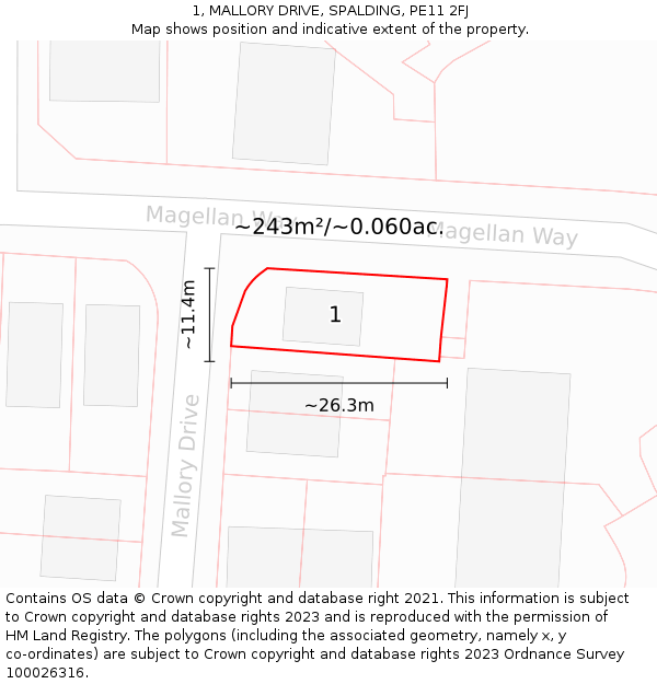 1, MALLORY DRIVE, SPALDING, PE11 2FJ: Plot and title map