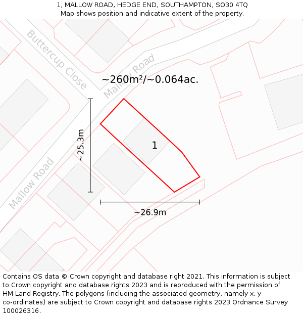 1, MALLOW ROAD, HEDGE END, SOUTHAMPTON, SO30 4TQ: Plot and title map