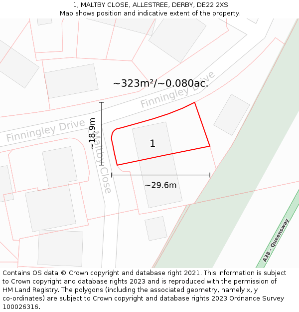 1, MALTBY CLOSE, ALLESTREE, DERBY, DE22 2XS: Plot and title map