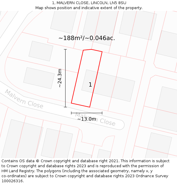 1, MALVERN CLOSE, LINCOLN, LN5 8SU: Plot and title map