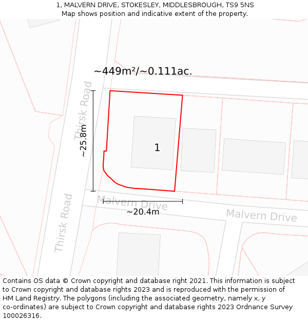 1, MALVERN DRIVE, STOKESLEY, MIDDLESBROUGH, TS9 5NS: Plot and title map