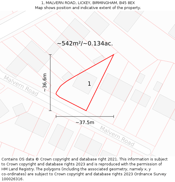 1, MALVERN ROAD, LICKEY, BIRMINGHAM, B45 8EX: Plot and title map