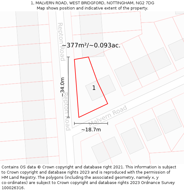 1, MALVERN ROAD, WEST BRIDGFORD, NOTTINGHAM, NG2 7DG: Plot and title map