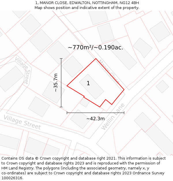 1, MANOR CLOSE, EDWALTON, NOTTINGHAM, NG12 4BH: Plot and title map