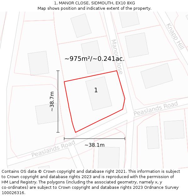 1, MANOR CLOSE, SIDMOUTH, EX10 8XG: Plot and title map