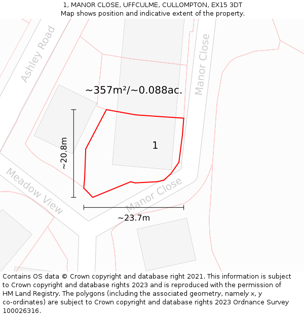 1, MANOR CLOSE, UFFCULME, CULLOMPTON, EX15 3DT: Plot and title map