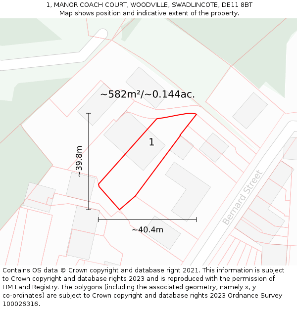 1, MANOR COACH COURT, WOODVILLE, SWADLINCOTE, DE11 8BT: Plot and title map