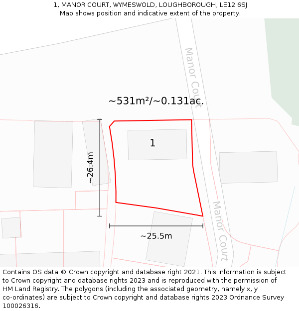 1, MANOR COURT, WYMESWOLD, LOUGHBOROUGH, LE12 6SJ: Plot and title map