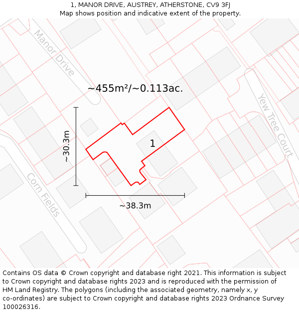 1, MANOR DRIVE, AUSTREY, ATHERSTONE, CV9 3FJ: Plot and title map