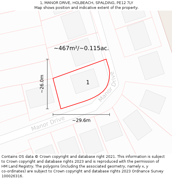 1, MANOR DRIVE, HOLBEACH, SPALDING, PE12 7LY: Plot and title map