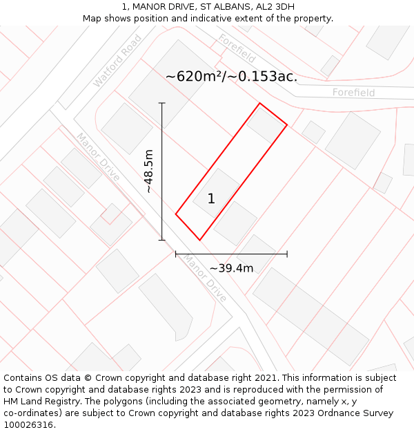 1, MANOR DRIVE, ST ALBANS, AL2 3DH: Plot and title map