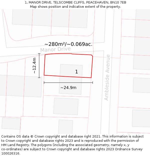 1, MANOR DRIVE, TELSCOMBE CLIFFS, PEACEHAVEN, BN10 7EB: Plot and title map