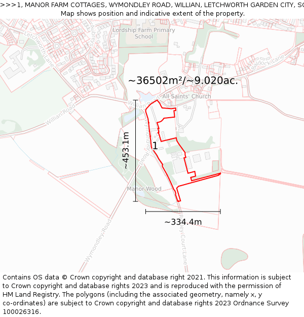 1, MANOR FARM COTTAGES, WYMONDLEY ROAD, WILLIAN, LETCHWORTH GARDEN CITY, SG6 2AH: Plot and title map