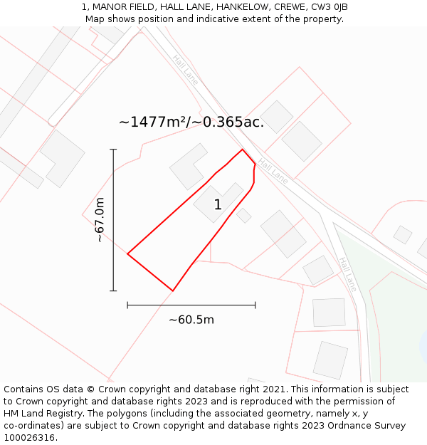 1, MANOR FIELD, HALL LANE, HANKELOW, CREWE, CW3 0JB: Plot and title map