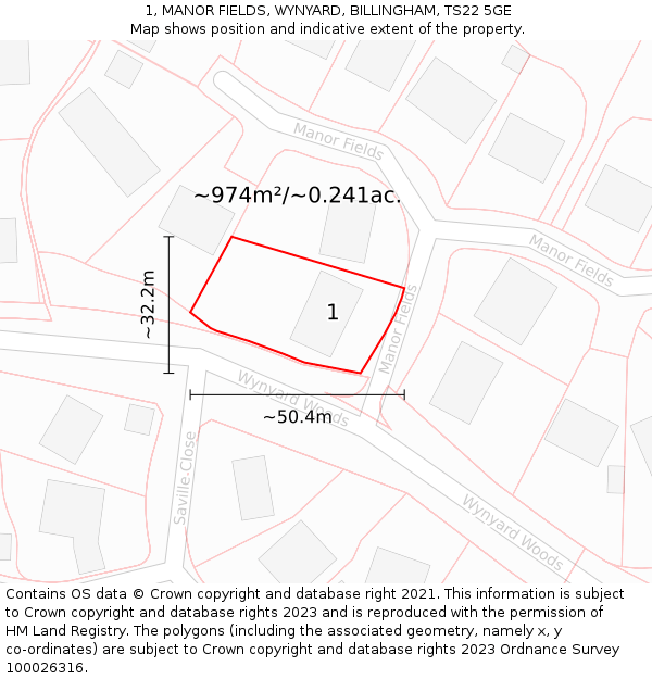 1, MANOR FIELDS, WYNYARD, BILLINGHAM, TS22 5GE: Plot and title map