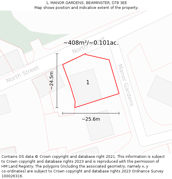 1, MANOR GARDENS, BEAMINSTER, DT8 3EE: Plot and title map