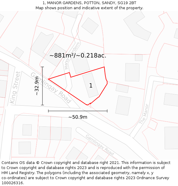 1, MANOR GARDENS, POTTON, SANDY, SG19 2BT: Plot and title map