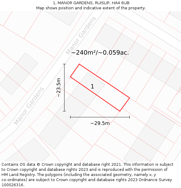 1, MANOR GARDENS, RUISLIP, HA4 6UB: Plot and title map