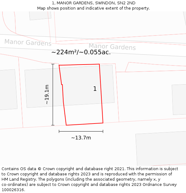 1, MANOR GARDENS, SWINDON, SN2 2ND: Plot and title map