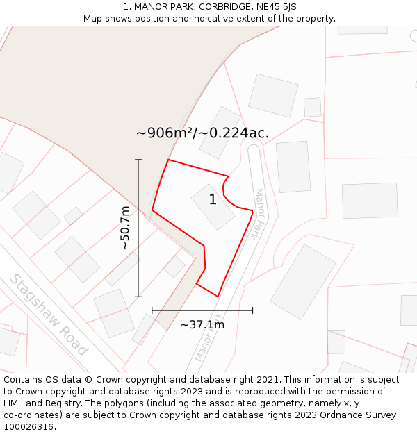 1, MANOR PARK, CORBRIDGE, NE45 5JS: Plot and title map