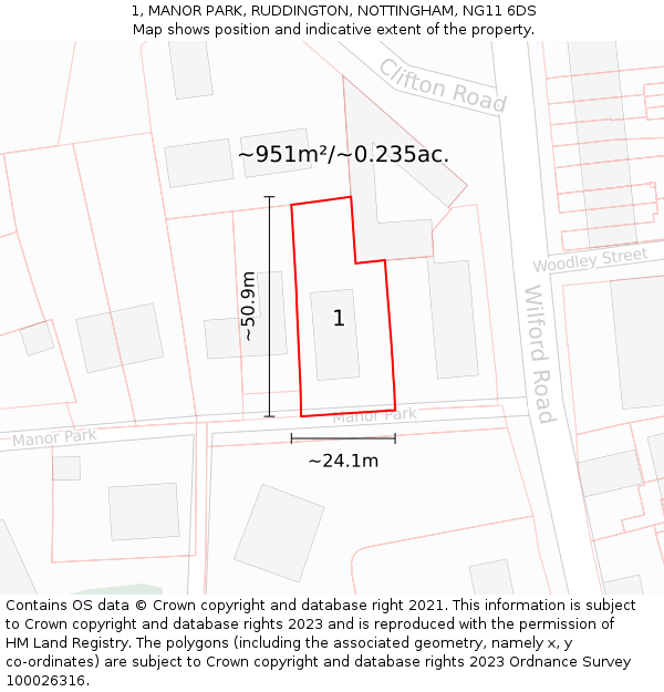 1, MANOR PARK, RUDDINGTON, NOTTINGHAM, NG11 6DS: Plot and title map