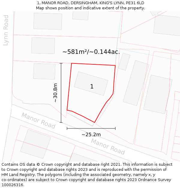 1, MANOR ROAD, DERSINGHAM, KING'S LYNN, PE31 6LD: Plot and title map