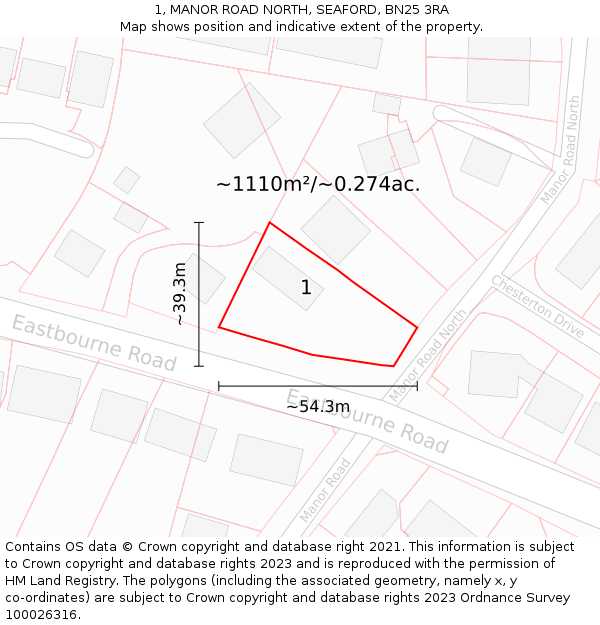 1, MANOR ROAD NORTH, SEAFORD, BN25 3RA: Plot and title map