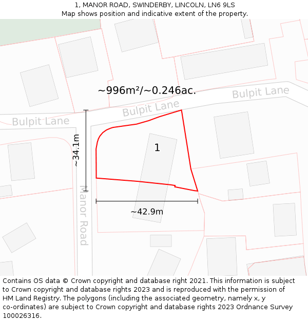 1, MANOR ROAD, SWINDERBY, LINCOLN, LN6 9LS: Plot and title map