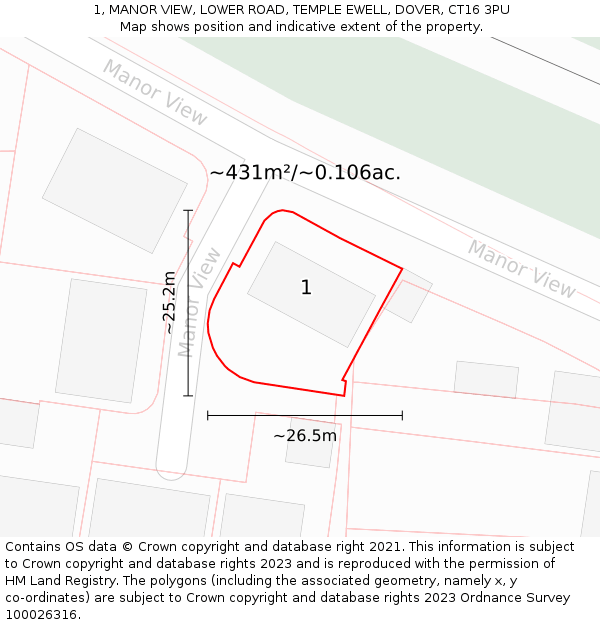 1, MANOR VIEW, LOWER ROAD, TEMPLE EWELL, DOVER, CT16 3PU: Plot and title map