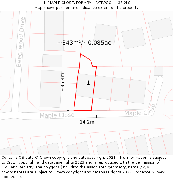 1, MAPLE CLOSE, FORMBY, LIVERPOOL, L37 2LS: Plot and title map