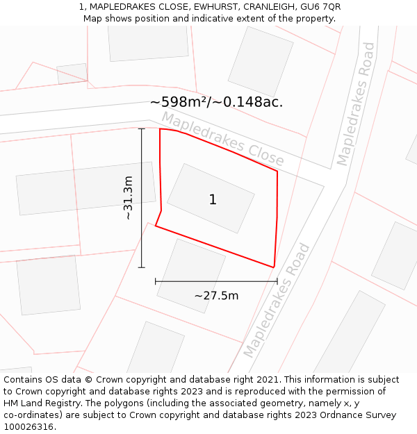 1, MAPLEDRAKES CLOSE, EWHURST, CRANLEIGH, GU6 7QR: Plot and title map