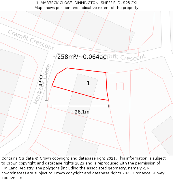 1, MARBECK CLOSE, DINNINGTON, SHEFFIELD, S25 2XL: Plot and title map