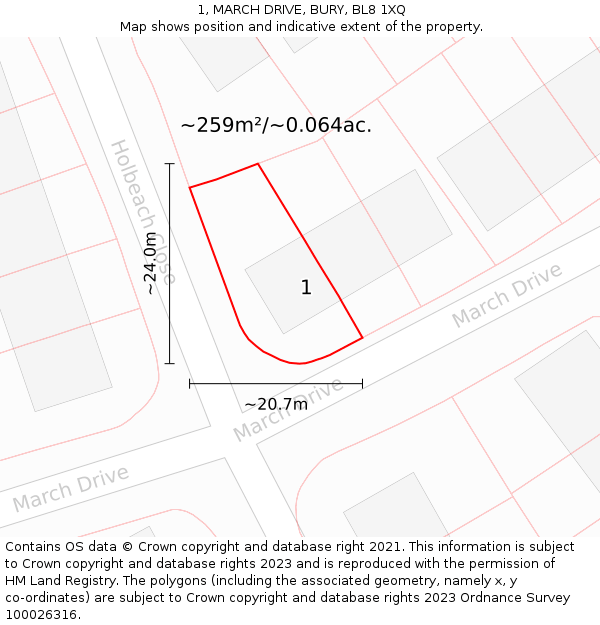 1, MARCH DRIVE, BURY, BL8 1XQ: Plot and title map