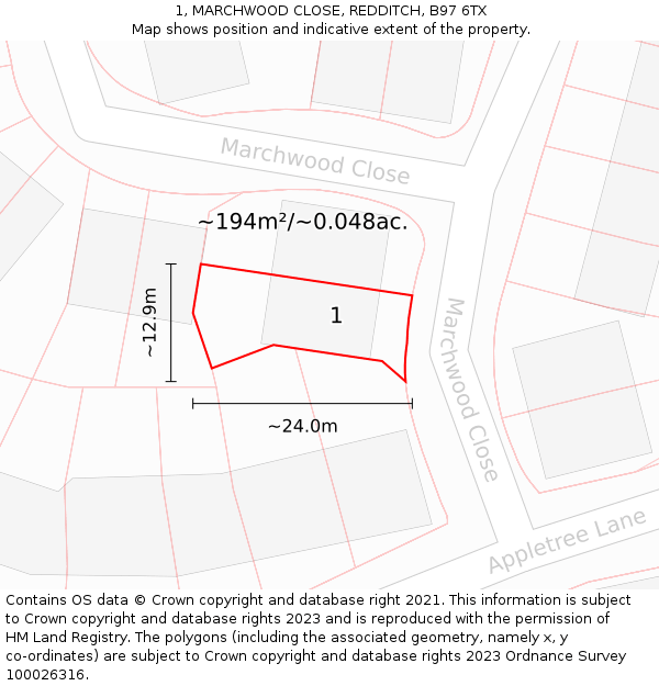 1, MARCHWOOD CLOSE, REDDITCH, B97 6TX: Plot and title map