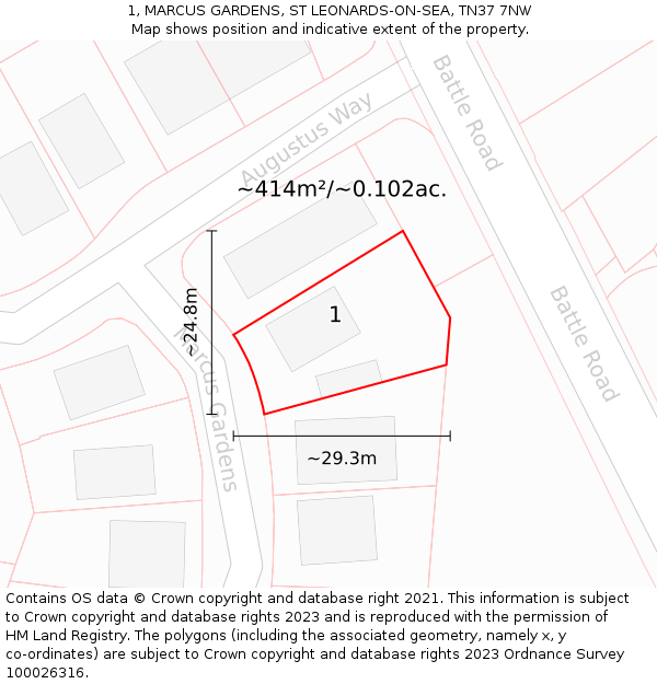 1, MARCUS GARDENS, ST LEONARDS-ON-SEA, TN37 7NW: Plot and title map