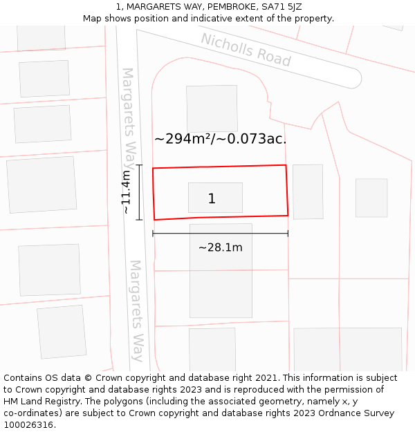 1, MARGARETS WAY, PEMBROKE, SA71 5JZ: Plot and title map