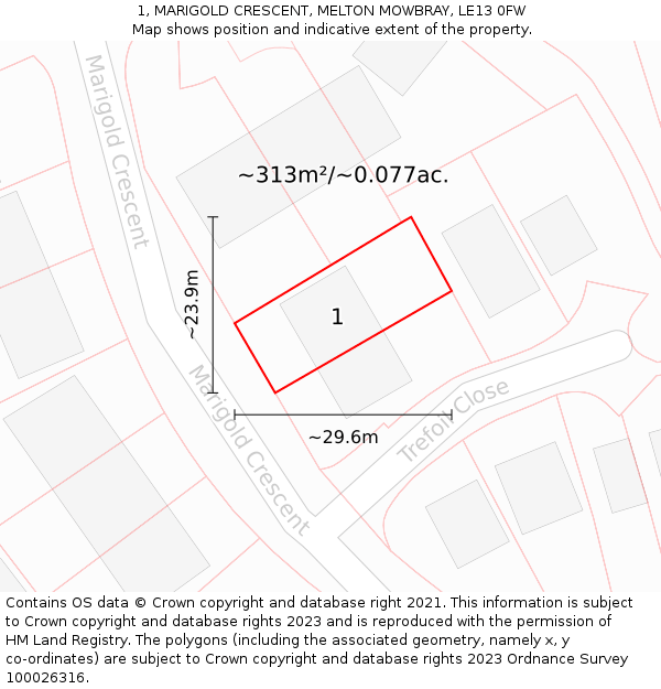 1, MARIGOLD CRESCENT, MELTON MOWBRAY, LE13 0FW: Plot and title map