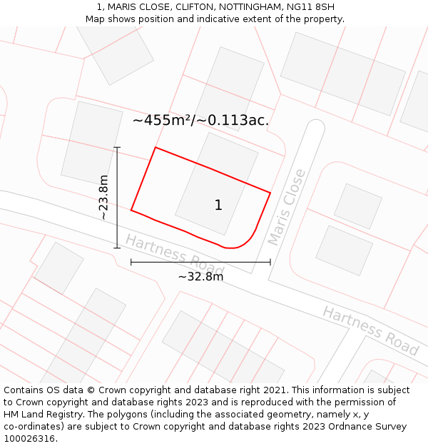 1, MARIS CLOSE, CLIFTON, NOTTINGHAM, NG11 8SH: Plot and title map