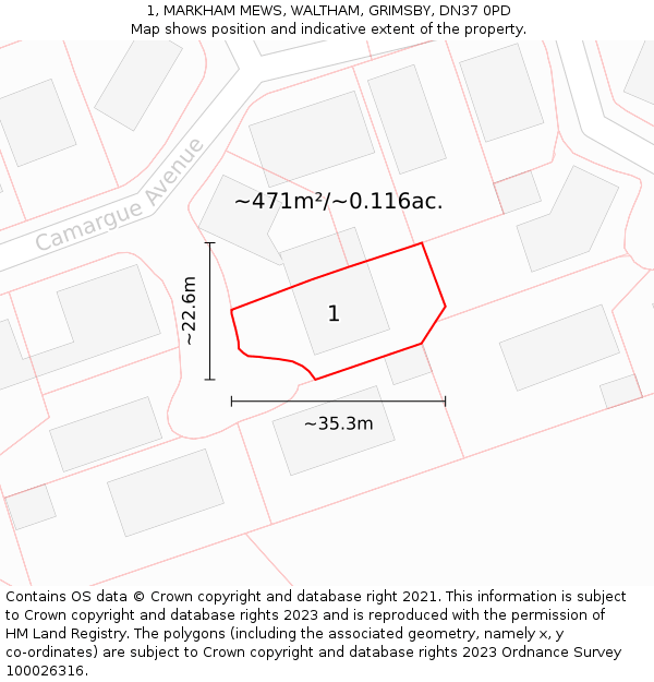 1, MARKHAM MEWS, WALTHAM, GRIMSBY, DN37 0PD: Plot and title map