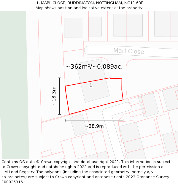 1, MARL CLOSE, RUDDINGTON, NOTTINGHAM, NG11 6RF: Plot and title map