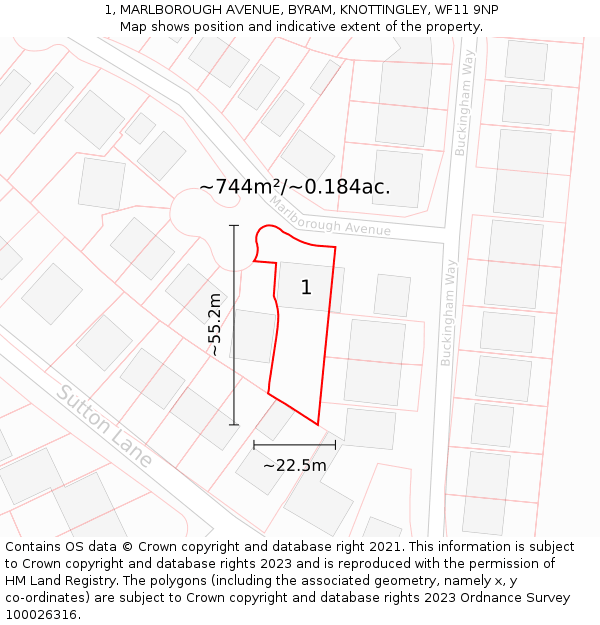 1, MARLBOROUGH AVENUE, BYRAM, KNOTTINGLEY, WF11 9NP: Plot and title map