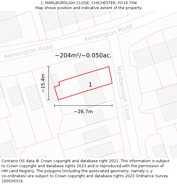 1, MARLBOROUGH CLOSE, CHICHESTER, PO19 7XW: Plot and title map