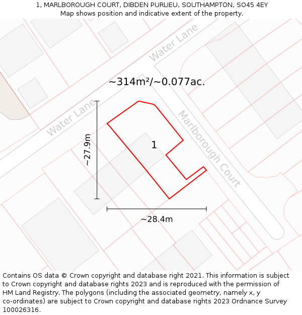 1, MARLBOROUGH COURT, DIBDEN PURLIEU, SOUTHAMPTON, SO45 4EY: Plot and title map