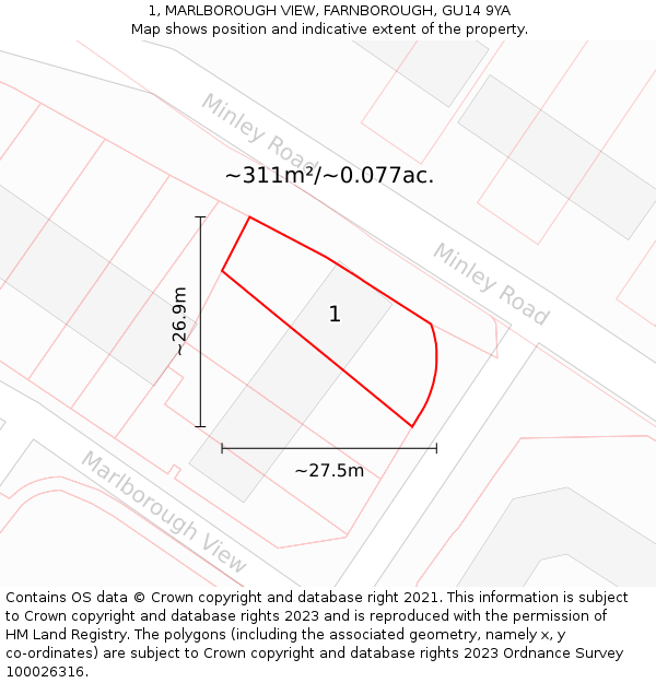 1, MARLBOROUGH VIEW, FARNBOROUGH, GU14 9YA: Plot and title map