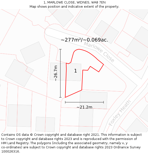 1, MARLOWE CLOSE, WIDNES, WA8 7EN: Plot and title map