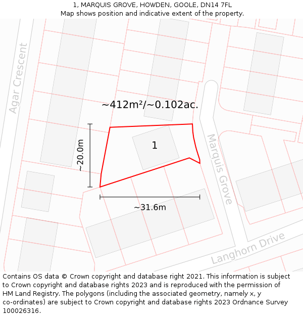 1, MARQUIS GROVE, HOWDEN, GOOLE, DN14 7FL: Plot and title map