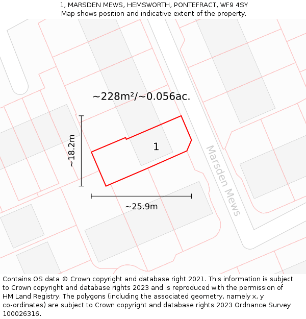 1, MARSDEN MEWS, HEMSWORTH, PONTEFRACT, WF9 4SY: Plot and title map