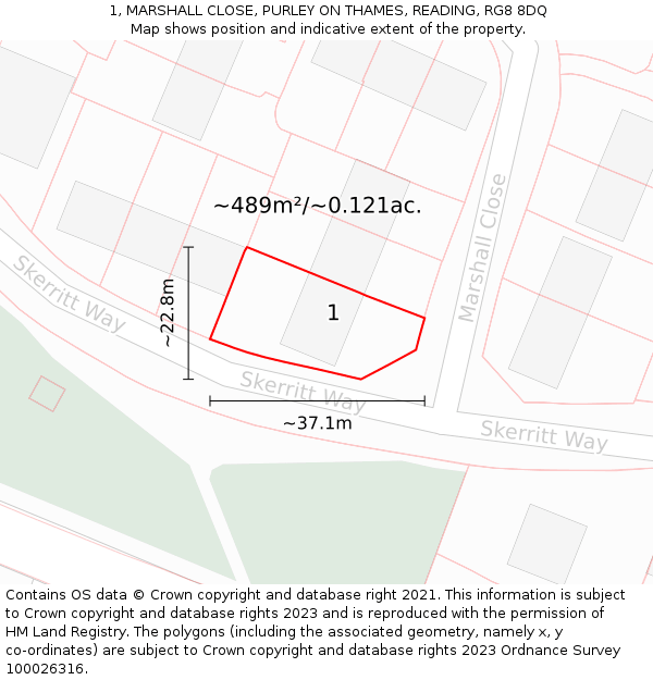 1, MARSHALL CLOSE, PURLEY ON THAMES, READING, RG8 8DQ: Plot and title map