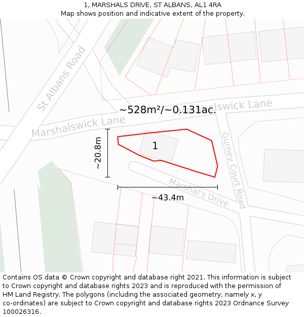 1, MARSHALS DRIVE, ST ALBANS, AL1 4RA: Plot and title map