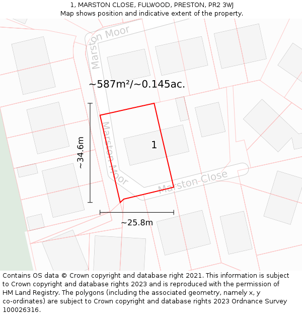 1, MARSTON CLOSE, FULWOOD, PRESTON, PR2 3WJ: Plot and title map